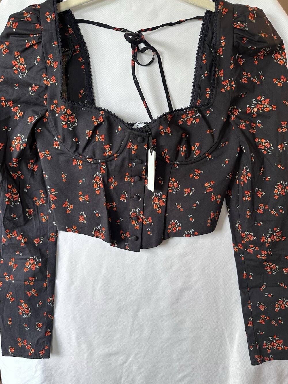 Rumored Floral Corset Crop Top Small Black Puff Sleeve Tie Back Cottagecore NWT